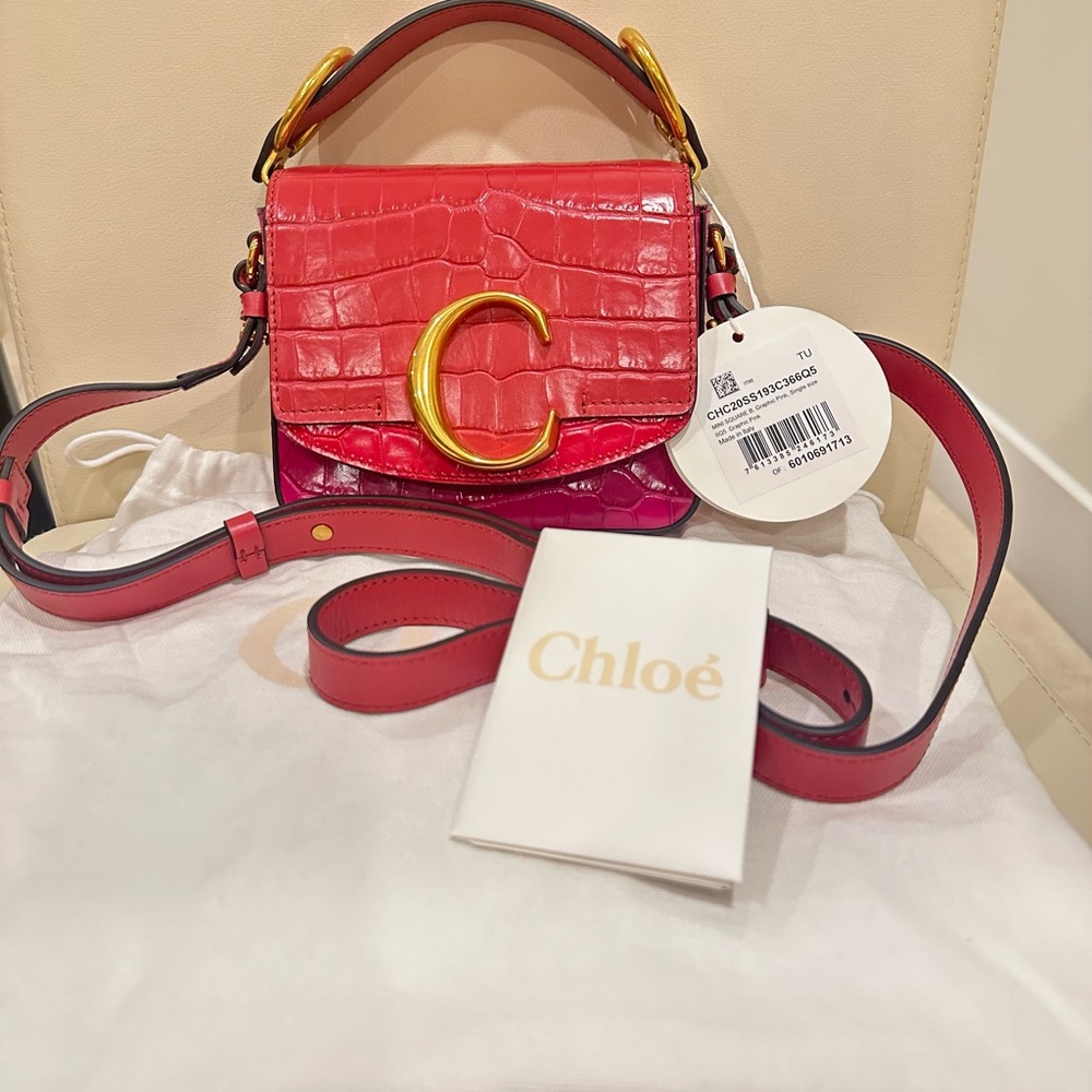 CHLOE  Mini C Tricolor Croc Embossed Leather Shoulder Bag in Graphic Pink NWT - Picture 9 of 10